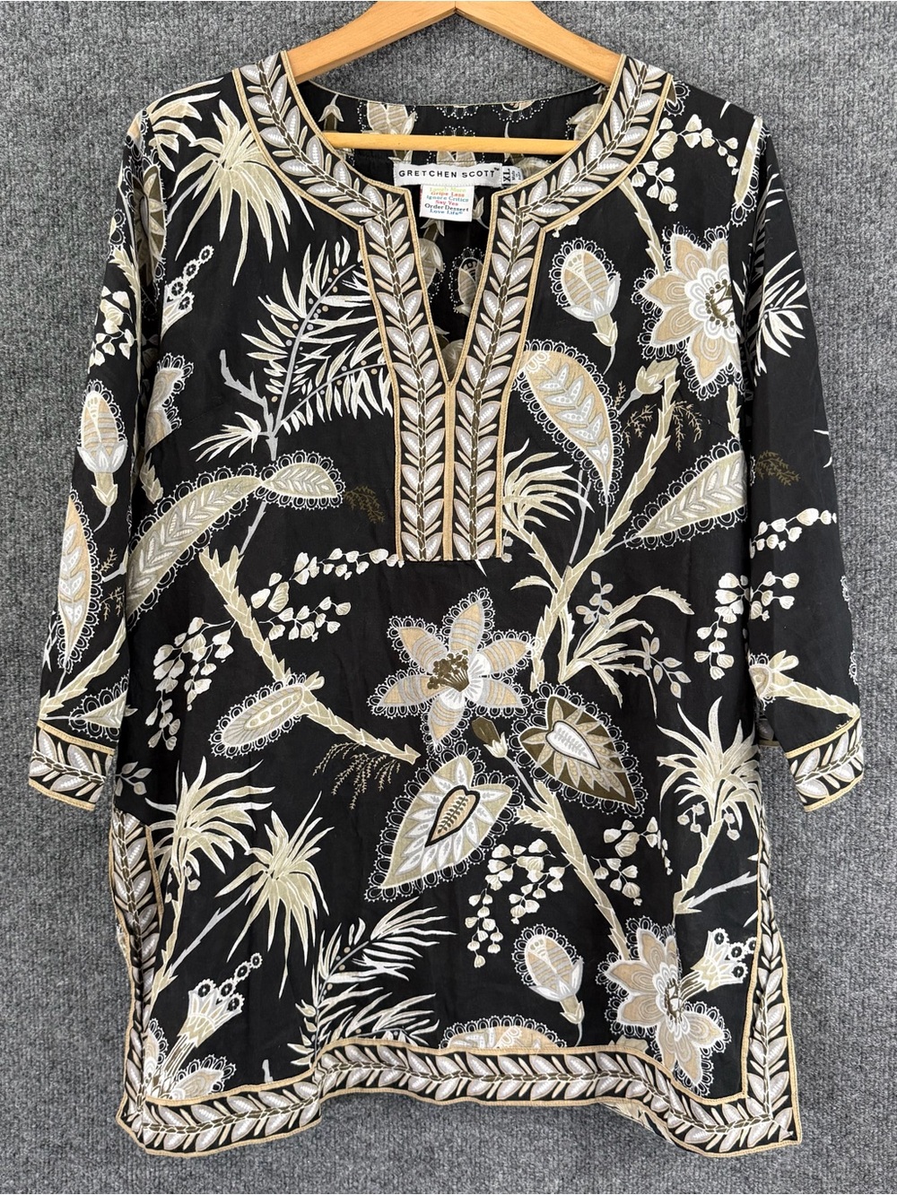 Gretchen Scott Womens Floral Paisley Tunic Top Size XL Black Tan 3/4 Sleeve Boho